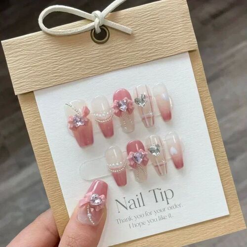 10pcs Handmade Press On Nails Gradient Pink Fake Nail With 3