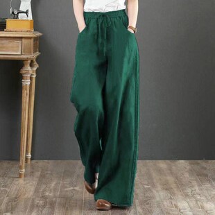 Women Leg Linen Trouser Wide Cotton Casual Waist High Pants