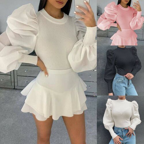 Womens Blouse Fashion Turtle Neck Ribbed Shirt Tops Tees Puf