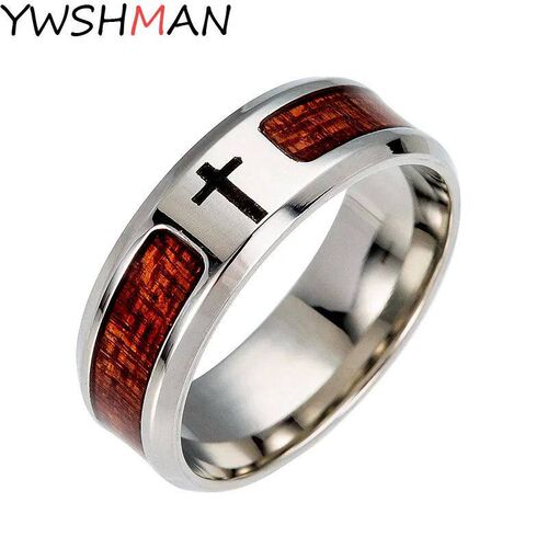 Wooden Christian  Titanium Steel Mans Ring 8mm Wide Engrave
