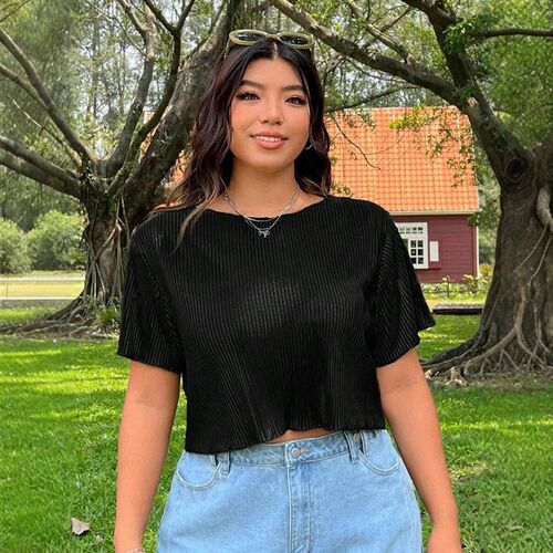 Womens zy Casual Design Solid lor Pleated Textured Crewneck