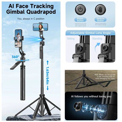 AI Smart Gimbal Tripod Selfie Stick Foldable 360 Auto Foll