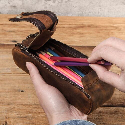 CONTACT'S FAMILY Leather Zipper Pen Pencil Case Bag