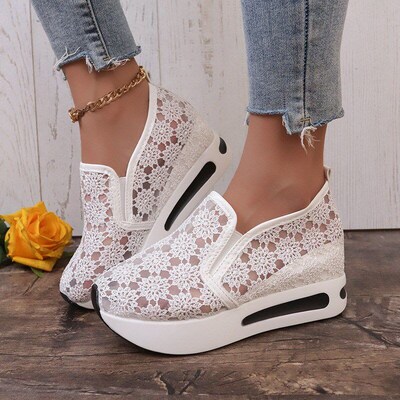 Spring 2025 Womens Lace Mesh Inner Elevated Wedge Casual Sli
