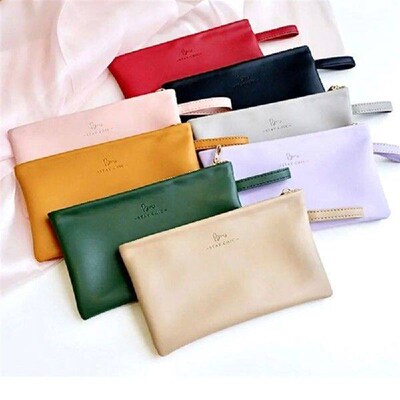 Portable PU Leather Cosmetic Bag Solid Color Zipper Coin