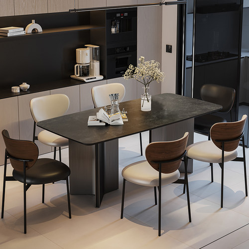 复古侘寂风简约现代长方形意式岩板餐桌椅小户型设计师家用