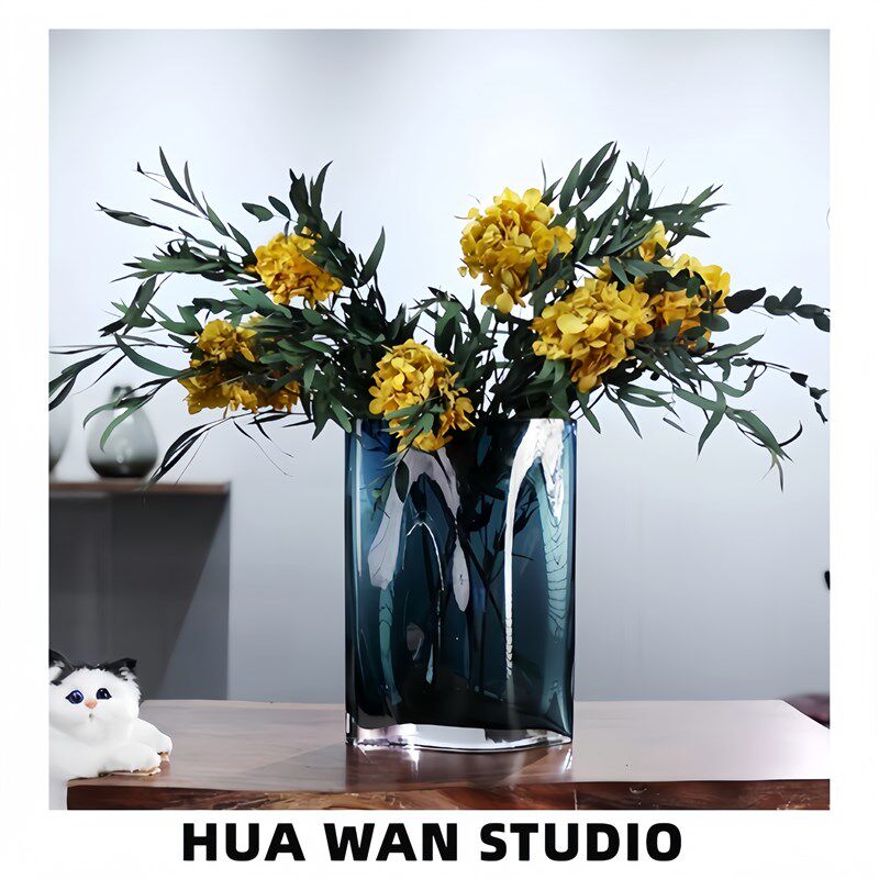 蔚蓝 原色高级感加厚水晶玻璃花瓶水养鲜切花玫瑰餐桌桌面摆件