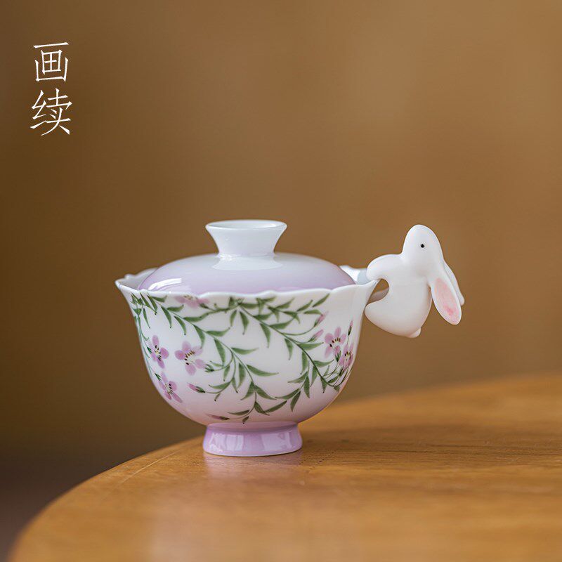 画续创意陶瓷手绘凌霄花玉兔茶杯挂杯件主人杯盖碗挂饰可爱摆件