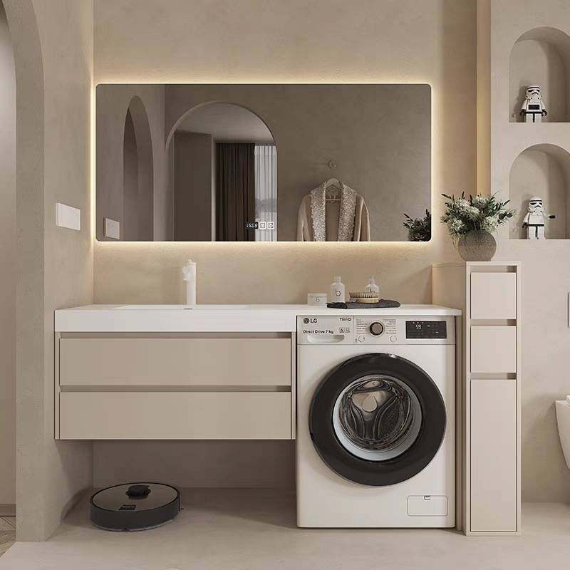 新款阳台洗衣机一体柜岩板无缝陶瓷盆奶油风浴室柜卫生间洗漱台,家装主材,洗衣机柜,淘宝优惠券,粉丝福利购,淘宝优惠卷