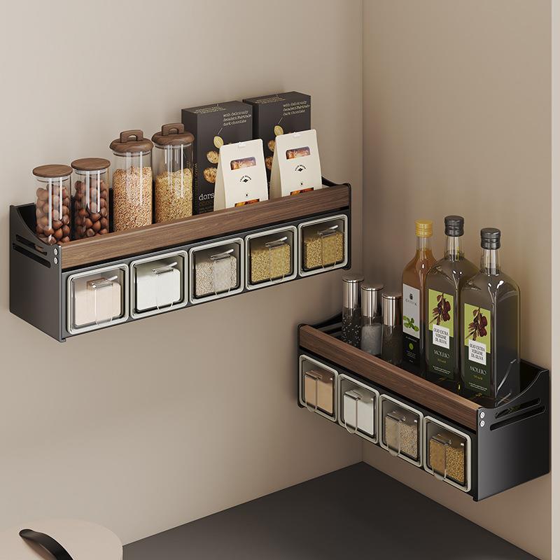 胡桃木厨房置物架壁挂墙上调料瓶调味料瓶收纳架多功能免打孔拆洗