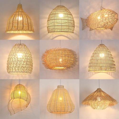 复古藤艺灯吊灯圆球餐厅火锅饭店原木鸟巢草帽竹编灯笼中式草藤