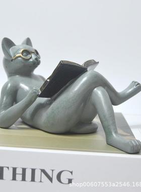 独立站 看书阅读文学猫 花园书房树脂工艺品装饰摆件雕像