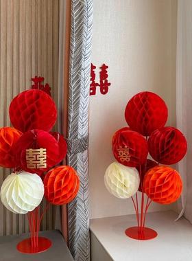 婚礼求婚氛围红色蜂窝立柱桌飘树支架婚房卧室客厅喜庆装饰摆件