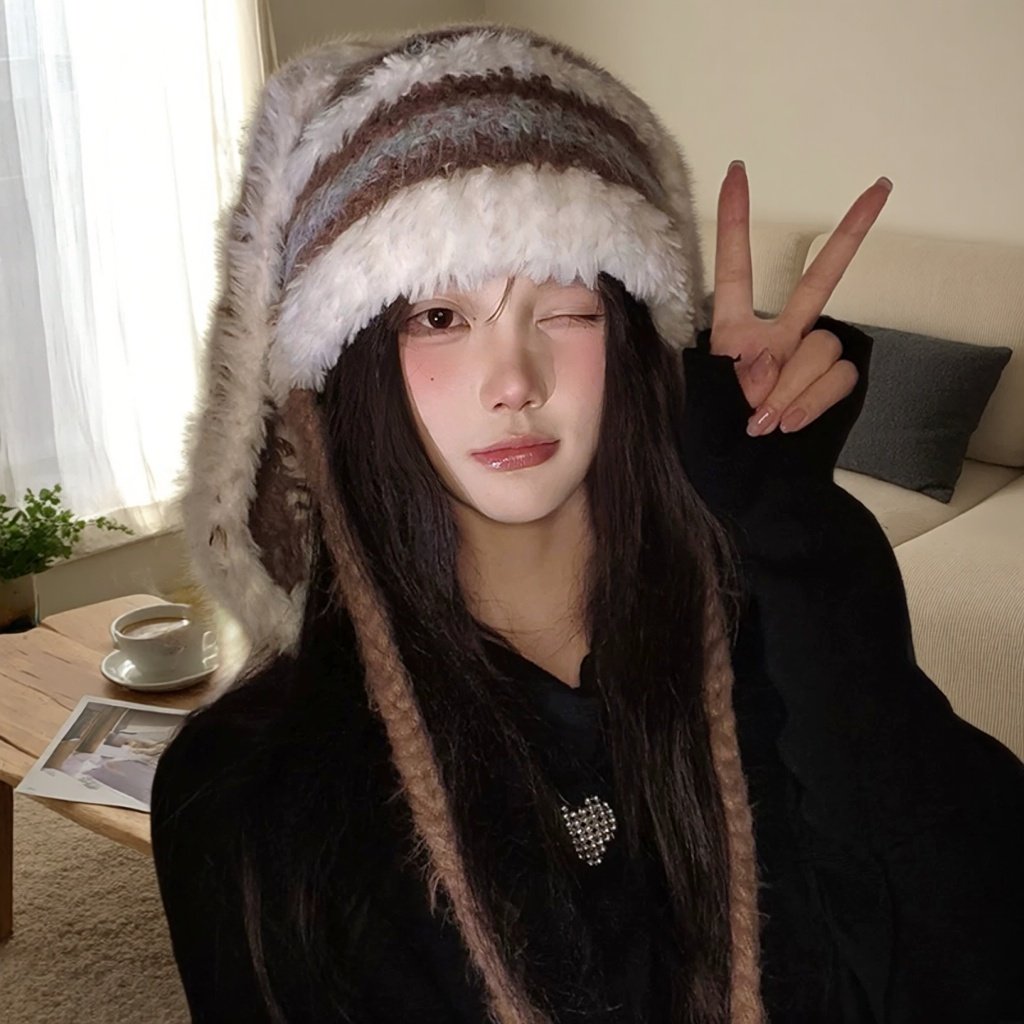 秋冬保暖护耳兔耳毛绒针织帽