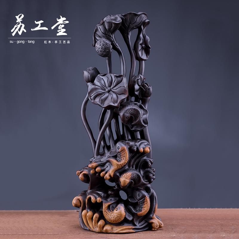 创意非洲黑檀木连年有余摆件莲花莲蓬木雕室内客厅办公工艺品摆设