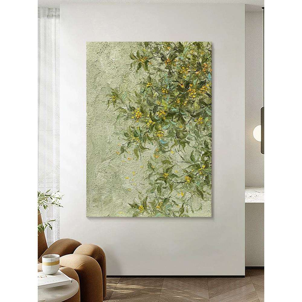 大芬村油画手绘桂花客厅装饰画绿植花卉肌理画玄关砂岩新中式挂画
