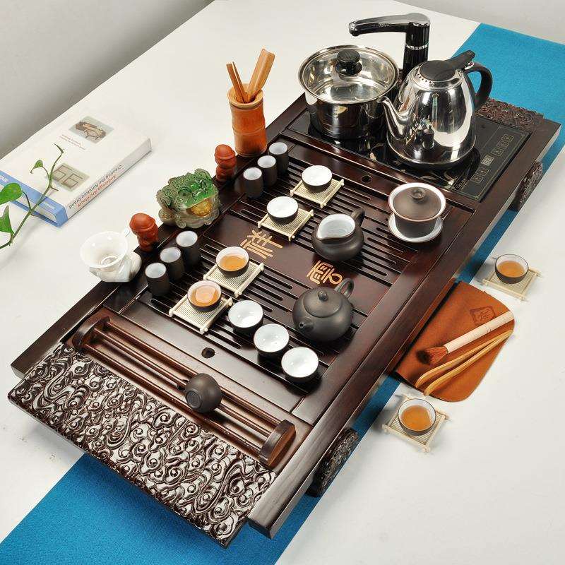 琦轩源 家用茶具套装祥云大茶盘电磁炉四合一排水实木茶盘茶台