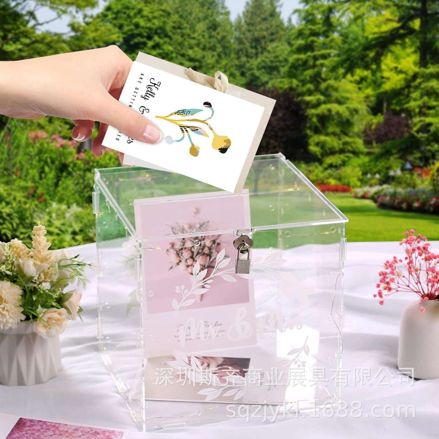 跨境婚礼卡片盒带灯婚庆现场收集祝福信封高透明亚克力拆装收纳盒