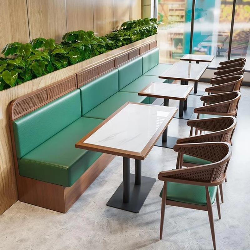新中式编藤实木靠墙卡座沙发餐厅餐饮沙发连锁饭店餐馆餐桌椅子组