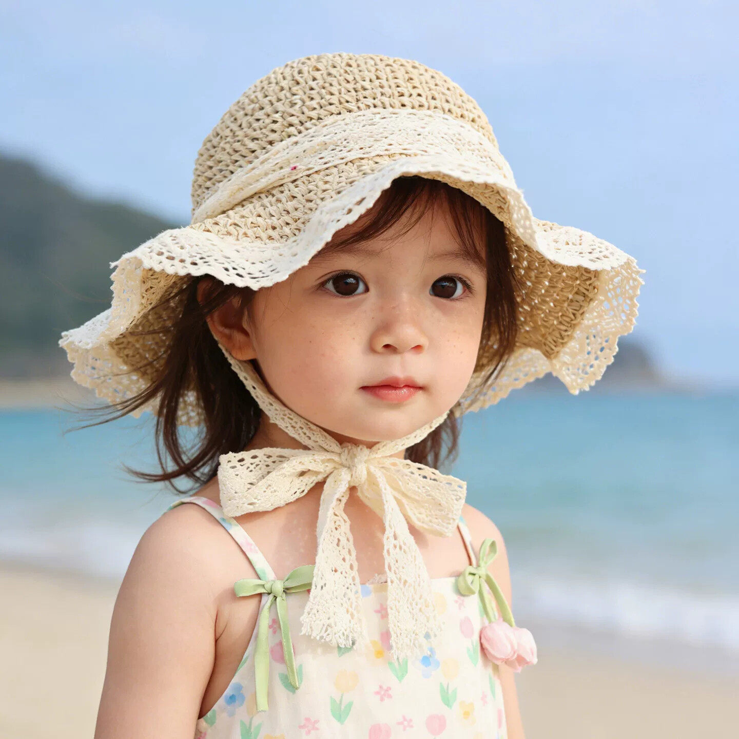 女童草帽儿童帽子夏季手工编织宝宝防晒帽遮阳帽蕾丝边沙滩帽亲子