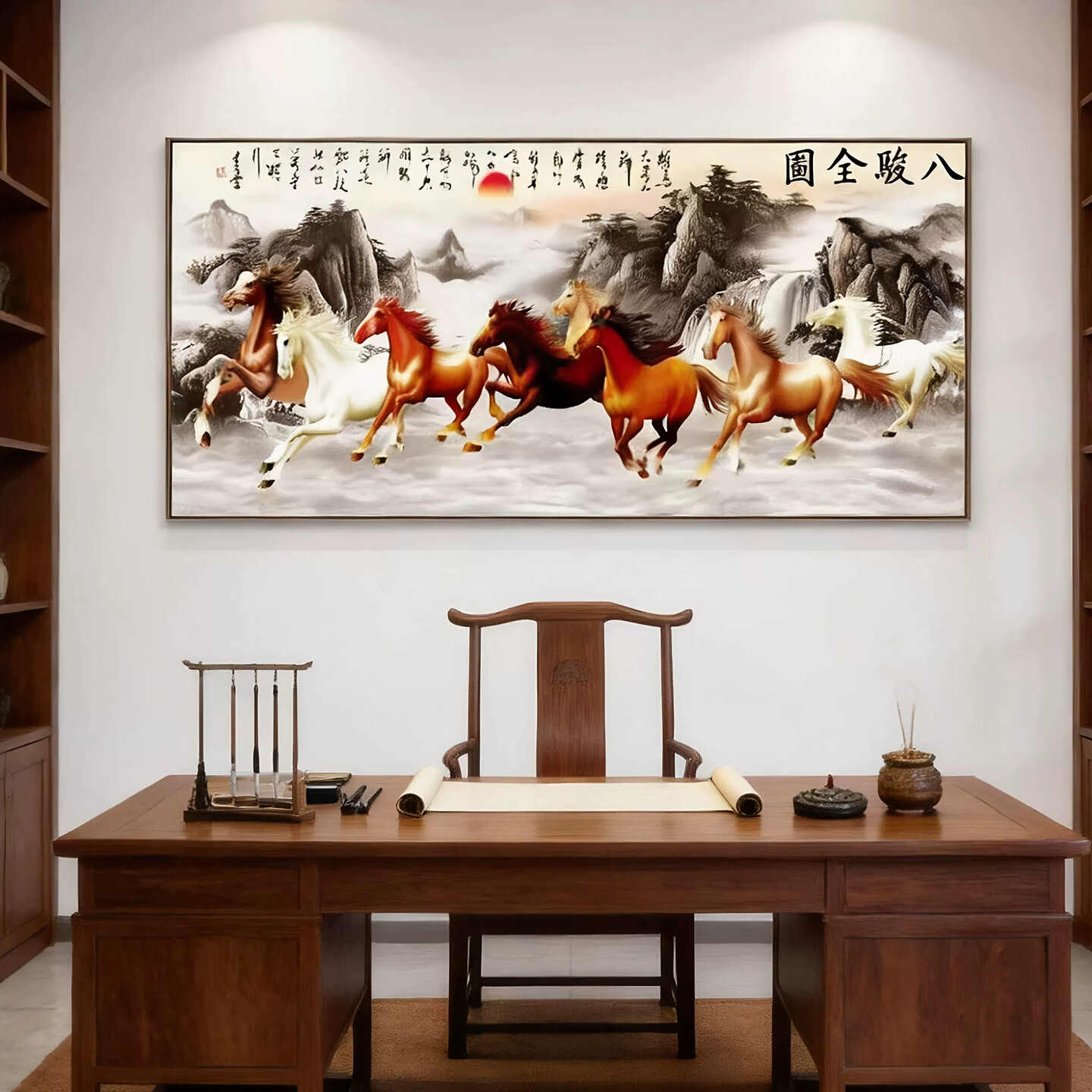 八骏图客厅挂画办公室国画沙发背景墙装饰万马奔腾骏马图大气壁画