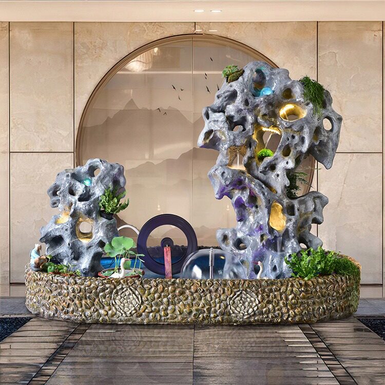 仿太湖石假山中式轻奢流水喷泉户外别墅庭院花园造景装饰布置摆件