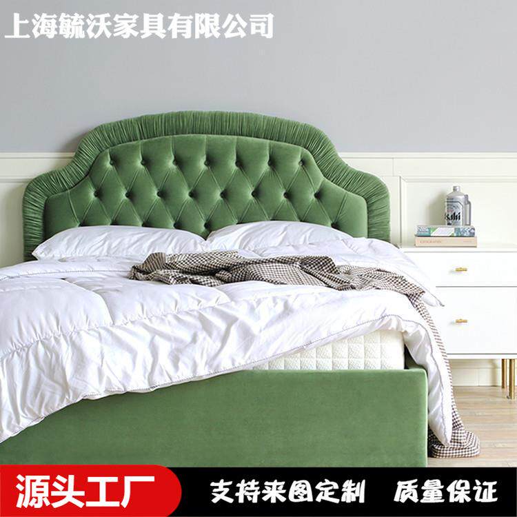 法式复古轻奢布艺床怀旧中古风vintag褶皱拉扣丝绒双人婚床民宿