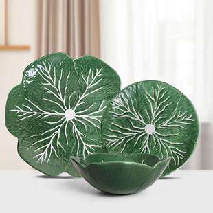 【2025亚马逊爆品餐具】绿色卷心菜碗复古法式手绘碗盘家用水果盘