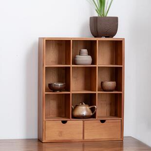 中式楠竹九宫格置物架 茶杯茶壶收纳盒茶桌展示柜茶杯博古架