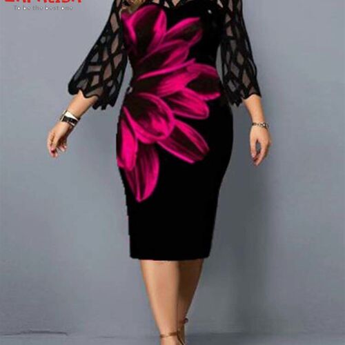 Plus Size Elegant Print Pencil Dress for Office Lady