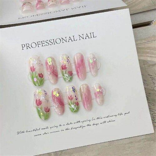 Pink Smudging Fake Nails with Tulip Printed Easy to Apply