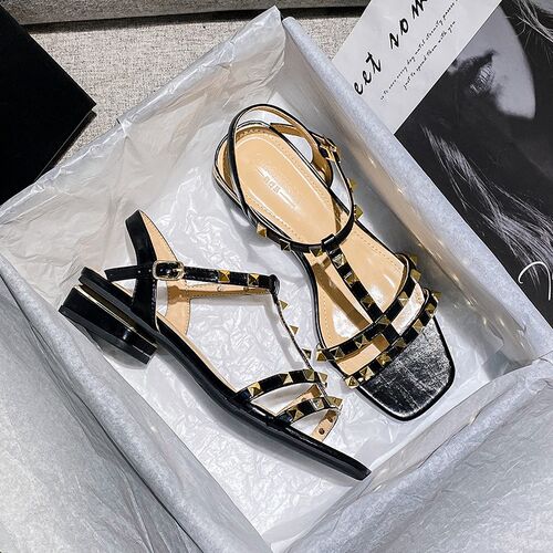 2023 Summer low heel women rivets sandals thin ribbon fashio