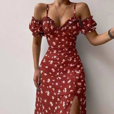 Women Elegant Off Shoulder V Neck Long Dress Sexy Sling Ruff