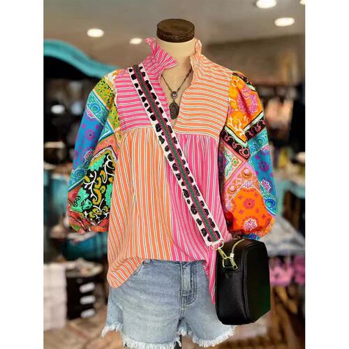 2024 Colored Stripe Print Folding Western Stars Retro Shirt
