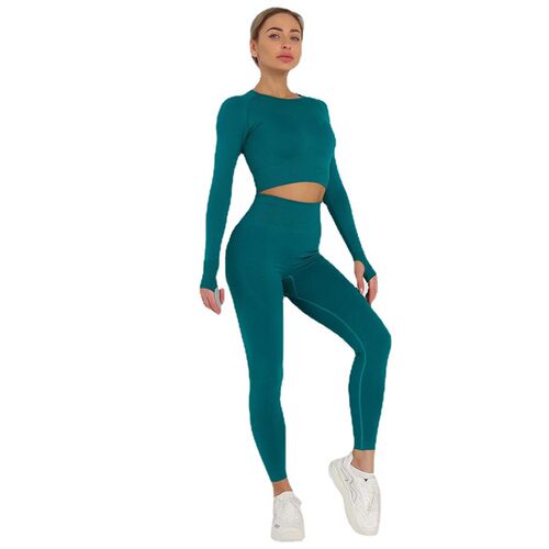 New Knitted Solid Color Seamless Long Sleeve Pants Yoga Suit