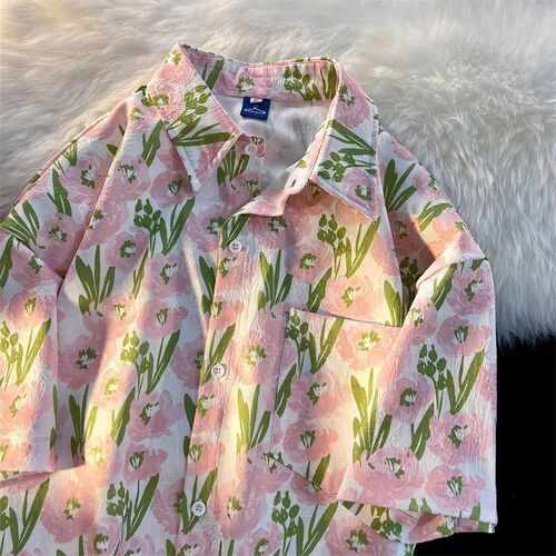 Vintage Fashion Flower Print Button Up Shirt Women Shirts Bl
