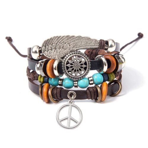Turquoise Mens Woven Leather Beaded Brlet Multi-layer Penda