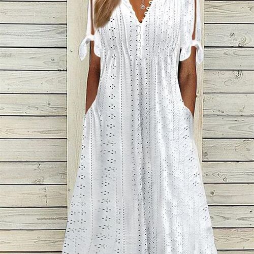 Summer New Womens Dress With Hollow Out V-neck Lace Ruffles