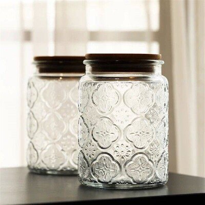 Retro Begonia Pattern Glass Sealed Jar Storage Jar Embossed