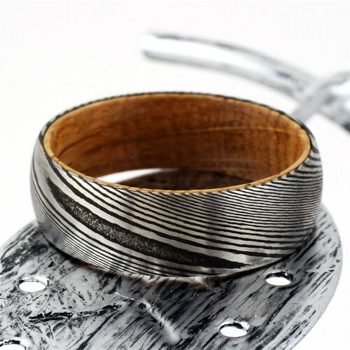 8mm Mens Black Tungsten Wedding Band with Damascus Steel Tex