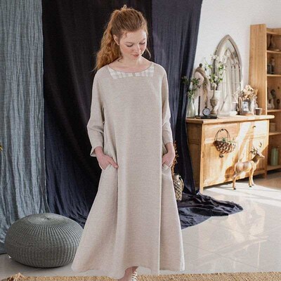 Cotton and linen plaid stitching round neck spring and summe