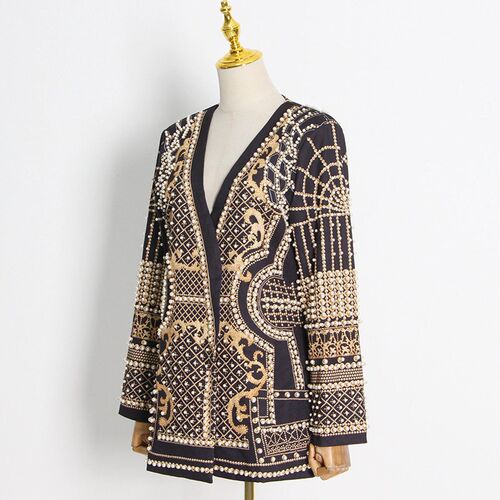 French Style Small Suit 2025 Fashion V-neck Bead Printing Lo