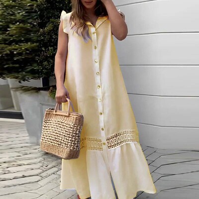 Casual Street Sleeveless Boho Ruffle Shirt Dress Women Hollo