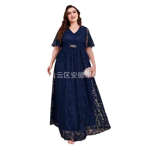 Plus Size Women Fashion Elegant Bridesmaid Lace Dress V-neck