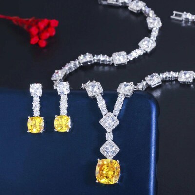ThreeGraces Elegant Yellow CZ Crystal Silver Color Big Squar