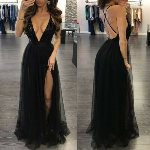Womens Deep V Neck Sleeveless Elegant Formal Prom Long