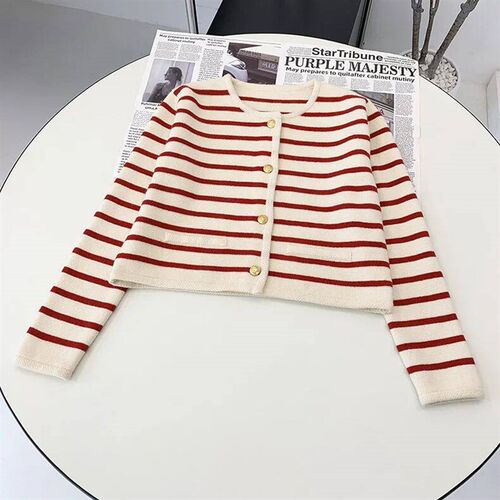 Women Coat Striped Single Breasted O-Neck Long Sleeve Casual