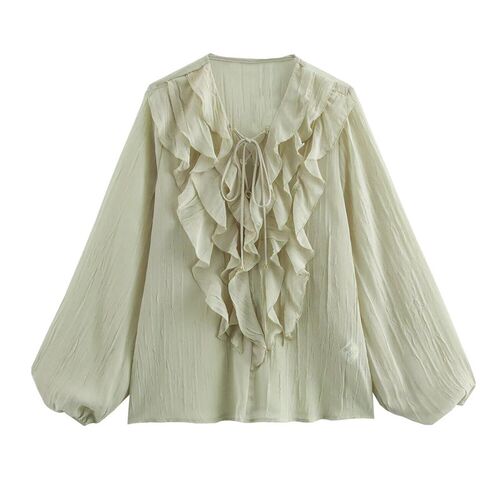Womens V-neck Single-breasted Long-sleeve Laminated Translu