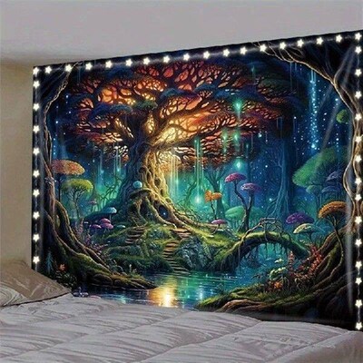 Colorful psychedelic forest pattern tapestry patio