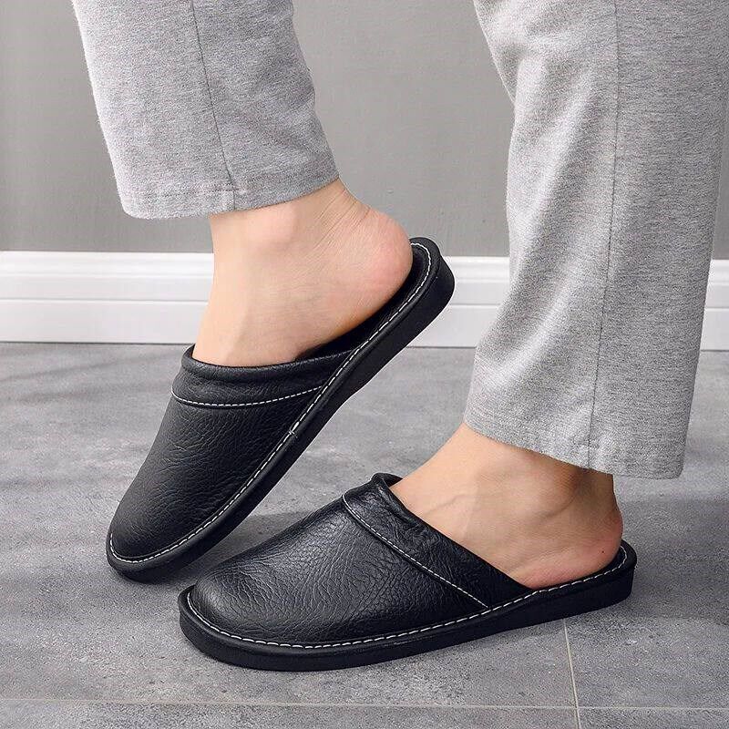Mens Odor-resistant Leather Slippers for Home Non-slip - 实物图